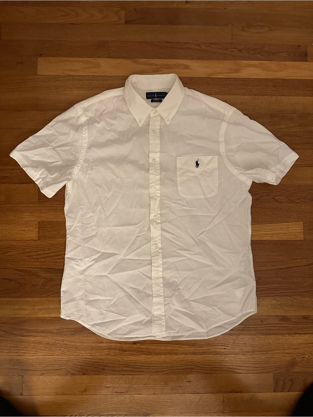Ralph Lauren White Short-Sleeve Button-Down Shirt with Navy Pony